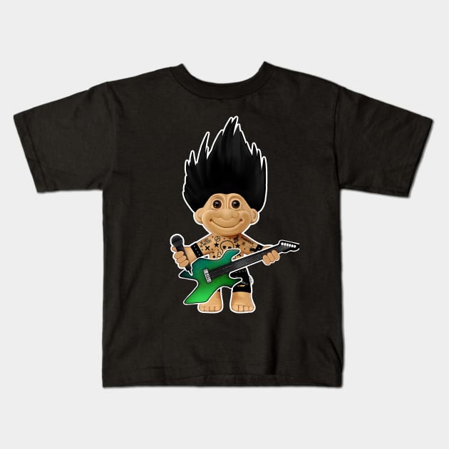 Punk rock troll with black hair Iroquois with guitar and microphone Kids T-Shirt by Meakm